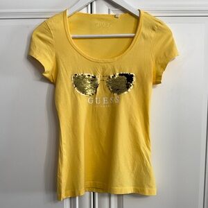 Guess Los Angeles Sz Small Yellow Cap Sleeve T-Shirt w/Sequin Sunglasses Graphic